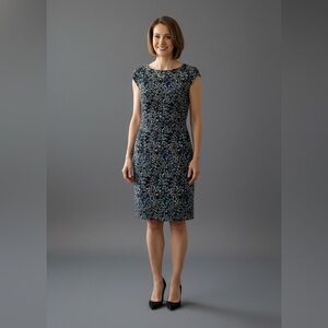 LOFT Black and Blue Floral Midi Dress Small